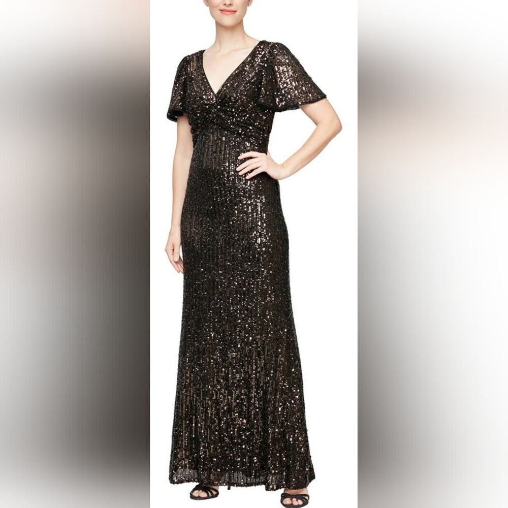 Alex Evenings Sequined Flutter-Sleeve Gown NWT size 4 Bronze